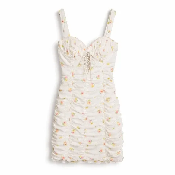 For Love & Lemons Celia Floral Embroidered Shirred Lace-Up Mini Dress XS - Picture 2 of 14